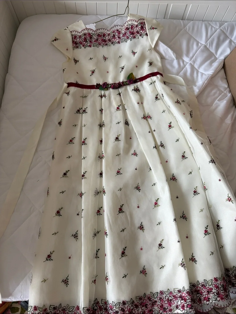 Biscotti Ivory Dress with Pink and Burgundy Floral Embroidery